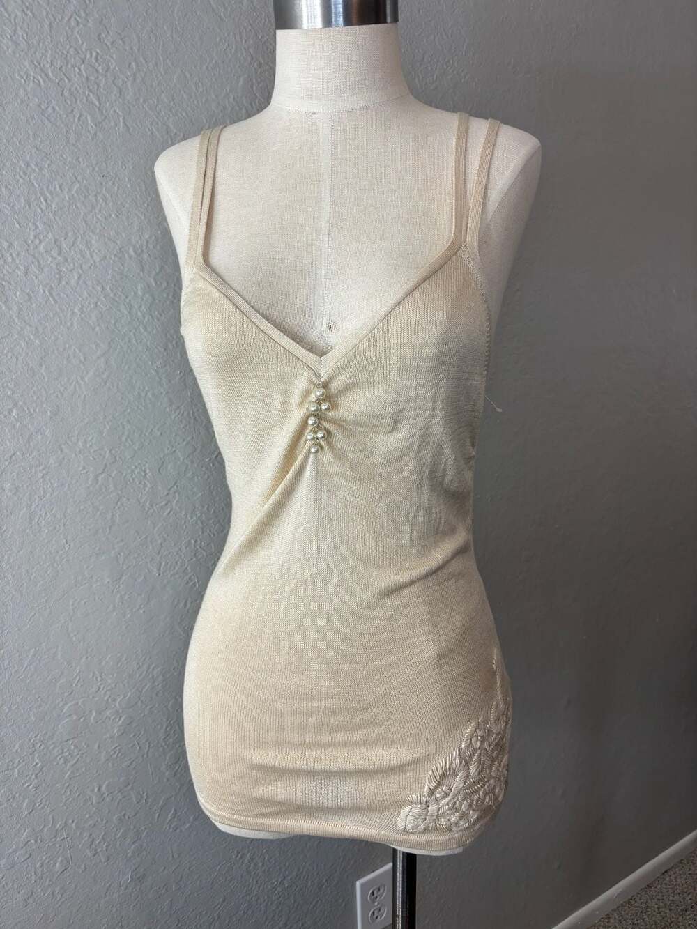 Fifi Collection Cream Knit Tank Top Size S with Pearl Detail